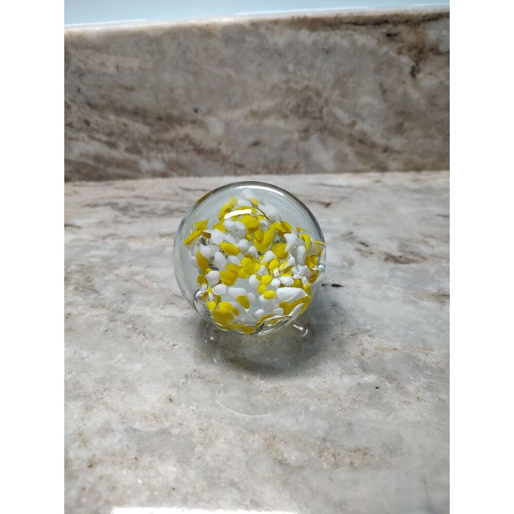 Vintage Yellow & White Art Glass Paperweight Hand Blown Glass